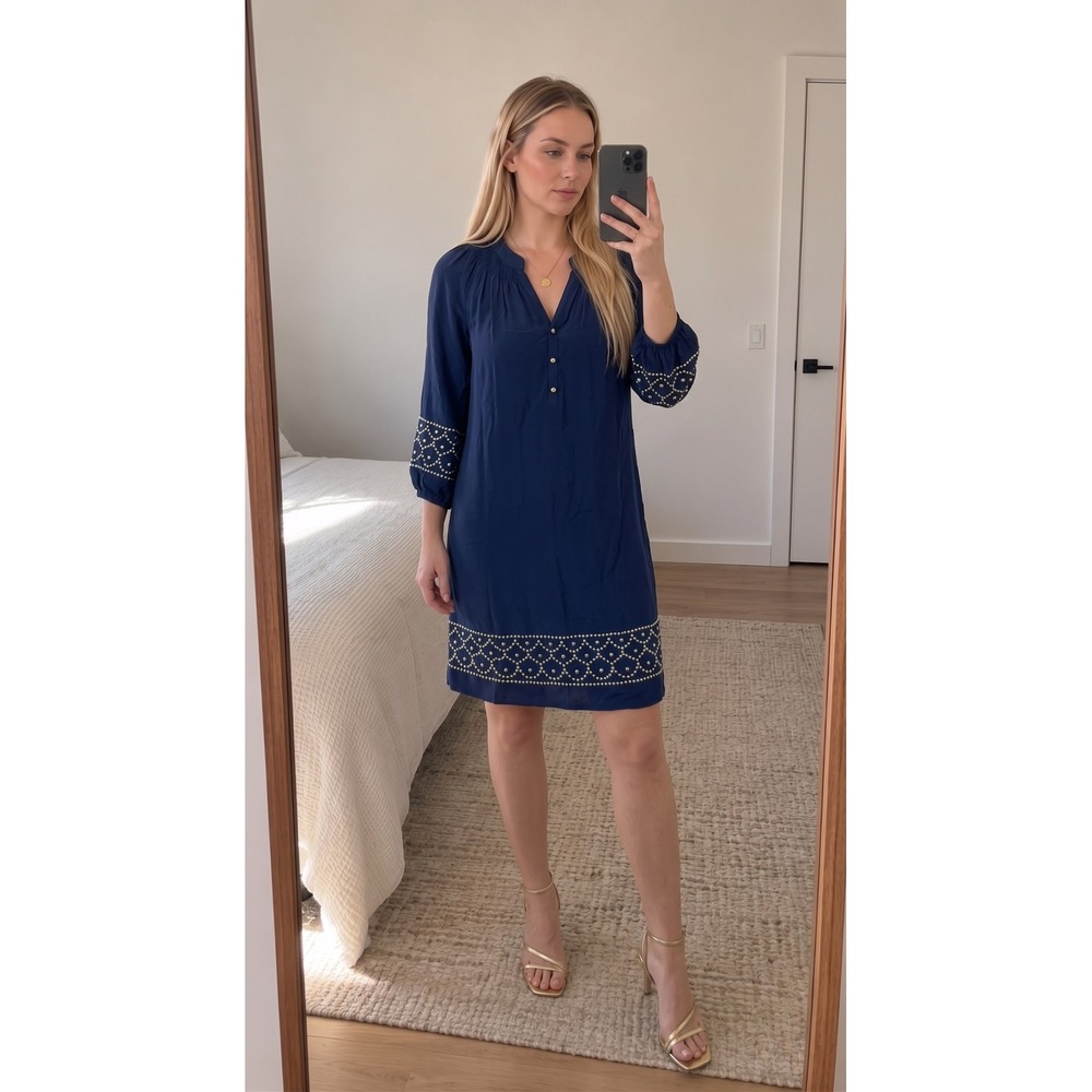 Lilly Pulitzer Womens Silk Shift Dress M Navy Gold Studded Coastal Resort Preppy